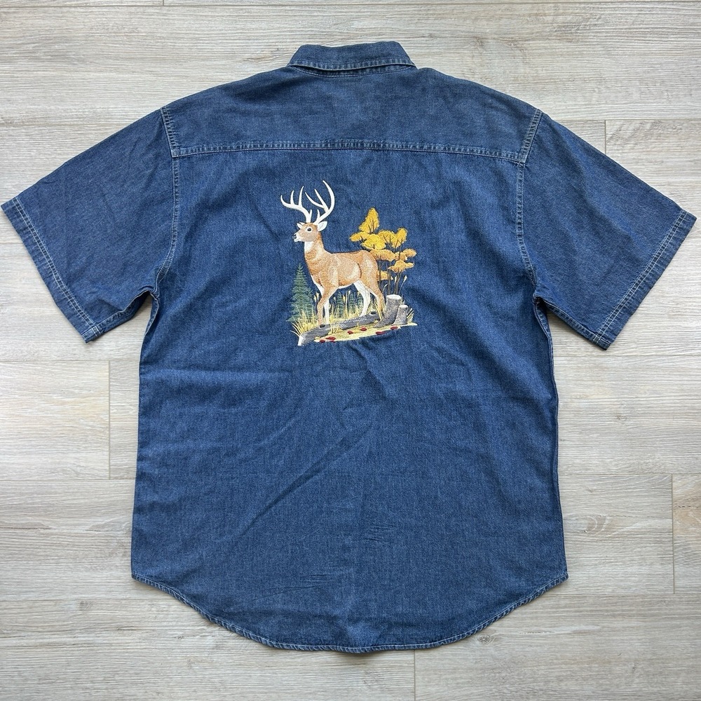 VTG Port & Company XL Chambray Shirt Blue Button Down SS Nature Whitetail Hunt